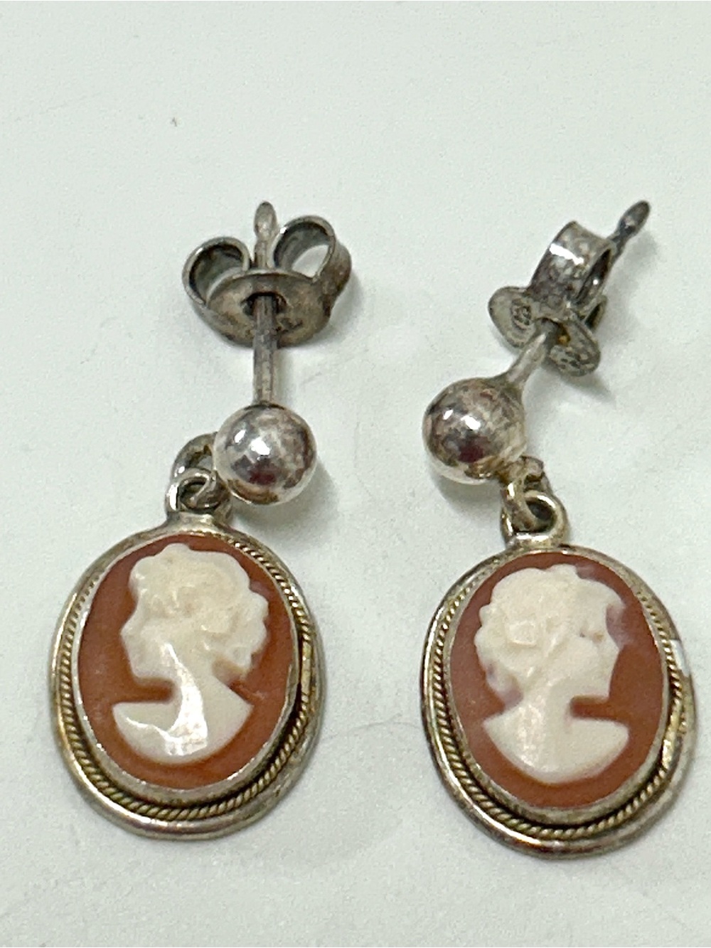 Antique Italian Gold Plated Sterling Silver Pair of Cameo Dangling Stud Earrings